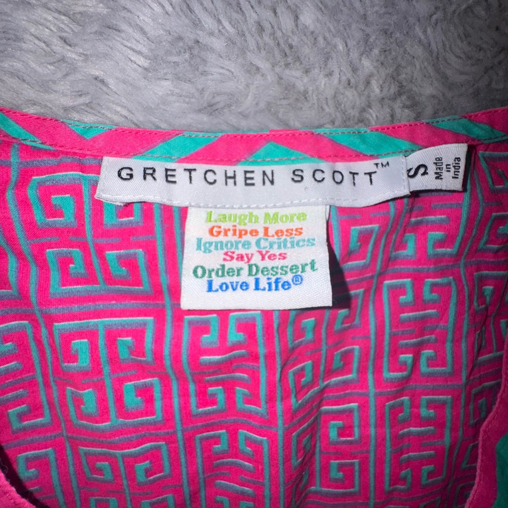 Gretchen Scott Women's Small Pink Turquoise Greek Key V-Neck Tunic Top Resort - Picture 3 of 13